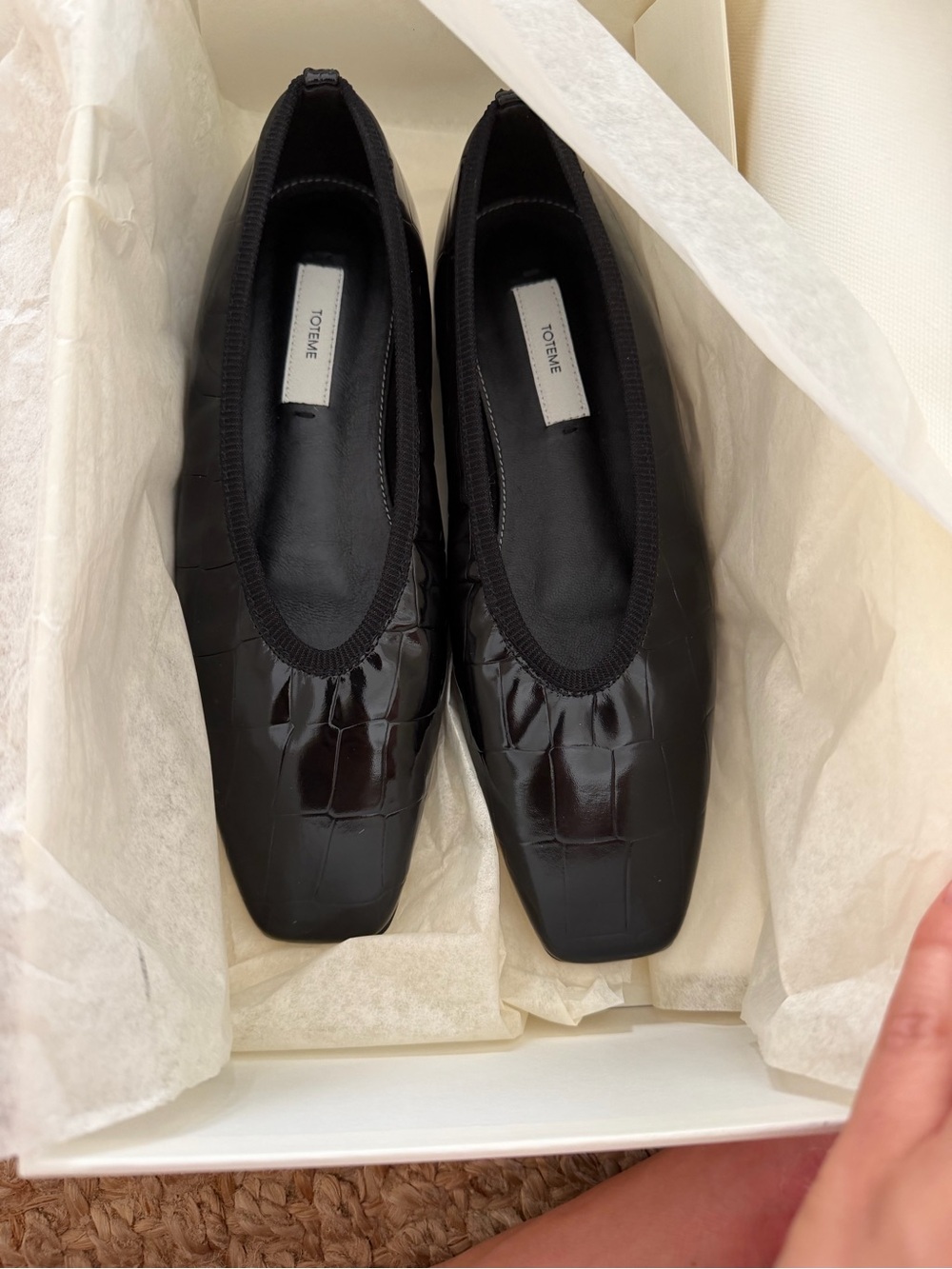 Toteme Black Croc-Embossed Square-Toe Ballet Flats - Picture 1 of 7